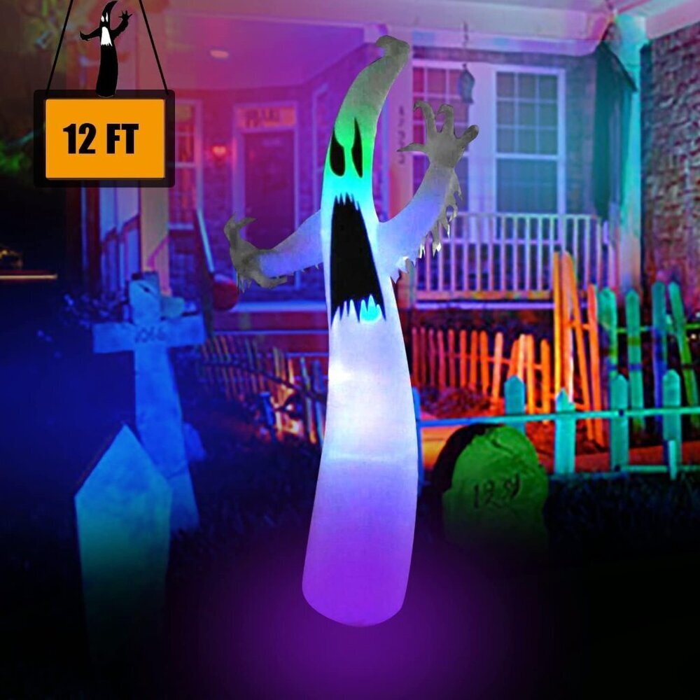BLOWOUT FUN 12ft Halloween Inflatable Decoration White Ghost LED Blow Up Lighted